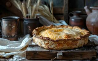 ai generiert ein klassisch Kuchen ruht auf ein hölzern Platte, mit das glühen von Morgen Licht leuchten es ist golden Kruste foto