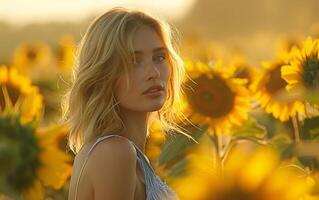 ai generiert golden Stunde Schönheit im Sonnenblume Feld foto