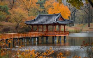 ai generiert Herbst Gelassenheit beim ein traditionell Pavillon foto