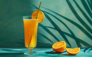 ai generiert erfrischend Orange Saft auf tropisch Hintergrund foto