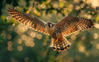 ai generiert majestätisch Falke im Flug beim golden Stunde foto