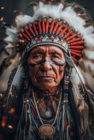 ai generiert Alten Mann im traditionell einheimisch amerikanisch Kopfschmuck foto
