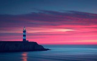 ai generiert ein Leuchtturm steht gegen ein faszinierend Sonnenuntergang Himmel von tief Rosa und Blues foto