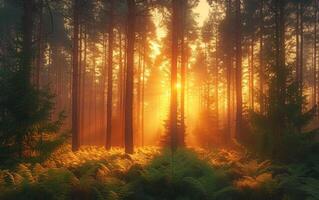 ai generiert das Morgen Sonne Filter durch ein dicht Kiefer Wald foto