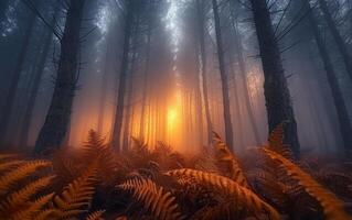 ai generiert mystisch Dämmerung im nebelig Wald foto