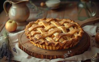 ai generiert golden Farbton von ein frisch gebacken Apfel Kuchen, mit ein perfekt Gitter Kruste foto