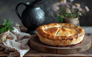 ai generiert hausgemacht Beere Kuchen auf hölzern Tabelle foto