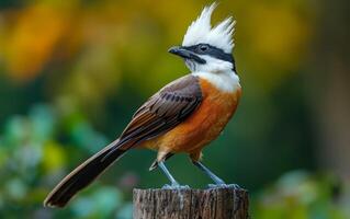 ai generiert ein auffällig Weiß mit Haube Lachdrossel thront auf ein Baum Stumpf foto