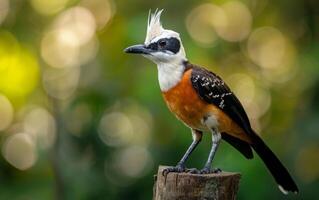 ai generiert ein auffällig Weiß mit Haube Lachdrossel thront auf ein Baum Stumpf foto