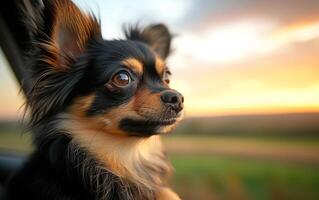 ai generiert ein klein, flauschige Hund mit auffällig schwarz und bräunen Pelz Blicke in das Entfernung foto