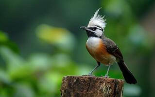 ai generiert ein auffällig Weiß mit Haube Lachdrossel thront auf ein Baum Stumpf foto