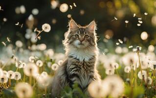 ai generiert ein fesselnd Tabby Katze sitzt inmitten ein Feld von Löwenzahn foto