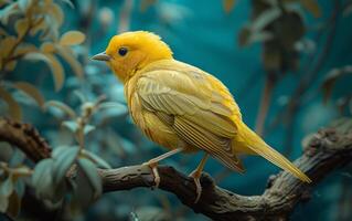 ai generiert golden Kanarienvogel thront auf Ast foto