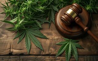 ai generiert ein symbolisch Darstellung von Cannabis Gesetz mit ein hölzern Richter Hammer und Cannabis Blätter foto