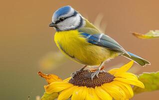 ai generiert diese künstlerisch Bild Eigenschaften ein Blau tit schön integriert in ein warm, Sanft Fokus Hintergrund mit lebendig Sonnenblumen foto