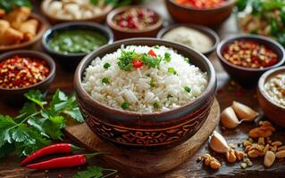 ai generiert ein Schüssel von gekocht Weiß Reis umgeben durch ein Sortiment von beschwingt Gewürze und Kräuter foto