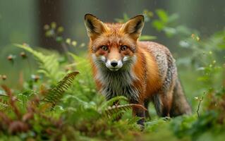 ai generiert ein lebendig rot Fuchs taucht auf inmitten das Farne, es ist warnen Blick und glänzend Pelz foto