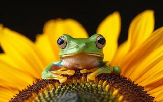 ai generiert ein Grün Baum Frosch Sitzstangen auf das reich, braun Center von ein hell Gelb Sonnenblume foto