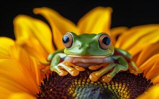 ai generiert ein Grün Baum Frosch Sitzstangen auf das reich, braun Center von ein hell Gelb Sonnenblume foto