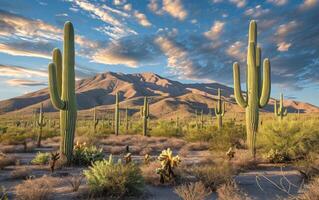 ai generiert hoch Saguaro Kakteen dominieren das Wüste Landschaft mit ein Hintergrund von ein Berg Angebot beim Sonnenuntergang foto