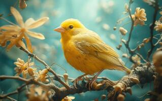 ai generiert golden Kanarienvogel thront auf Ast foto