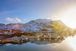 Angeln Boote und Yachten auf Seebrücke im Norwegen foto