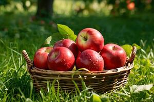 ai generiert Korb von rot reif Äpfel im das Garten. Ernte von Äpfel. foto