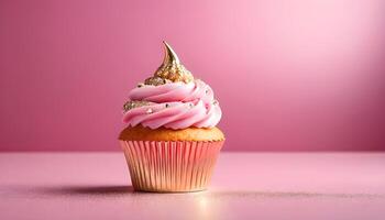 ai generiert Cupcake mit Rosa Glasur auf ein Rosa Hintergrund foto