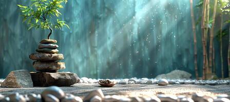 ai generiert Hintergrund zum Werbung, mit inspirierend Meditation Elemente, still Garten Szene mit ein Stapel von ausgewogen Steine, blühend Pflanze auf Spitze, Frieden und Balance Atmosphäre foto