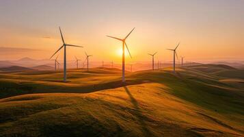 ai generiert Wind Turbinen auf rollen Hügel beim Sonnenaufgang mit warm golden Licht Gießen lange Schatten foto