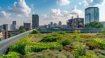 ai generiert beschwingt Dach Garten mit vielfältig Pflanzen gegen ein Hintergrund von städtisch Hochhaus Gebäude foto