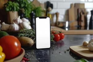 ai generiert Smartphone mit leer Bildschirm Lügen inmitten frisch Kochen Zutaten auf ein Küche Arbeitsplatte, bereit zum ein Rezept App foto