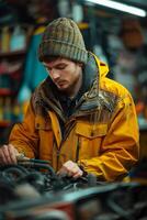 ai generiert ein Auto Mechaniker funktioniert im ein Werkstatt. das Konzept von Auto Service, Reparatur, Instandhaltung foto