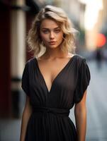 ai generiert Frau im schwarz Kleid Stehen auf Straße foto
