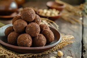 ai generiert kue bola Kokelat Keks oder Schokolade Keks Ball Kekse. indonesisch eid Snack, kue Lebaran foto