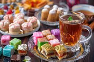 ai generiert Türkisch Kaffee und bunt Ramadan eid Süßigkeiten und Schokolade, traditionell Ottomane Küche Nachspeisen foto