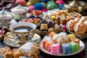 ai generiert Türkisch Kaffee und bunt Ramadan eid Süßigkeiten und Schokolade, traditionell Ottomane Küche Nachspeisen foto