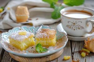 ai generiert Türkisch Kaffee und traditionell Türkisch Dessert im Teller auf hölzern Tabelle foto