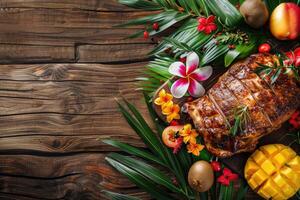 ai generiert Karibik braten Fleisch mit tropisch Früchte, tropisch Blätter und Blumen, Raum zum Text foto