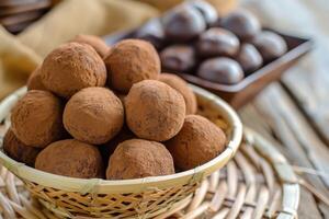 ai generiert kue bola Kokelat Keks oder Schokolade Keks Ball Kekse. indonesisch eid Snack, kue Lebaran foto