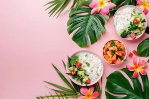 ai generiert hawaiisch Sack, Fisch, Reis, Gemüse, tropisch Blätter, Blumen, Raum zum Text foto