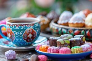 ai generiert Türkisch Kaffee und bunt Ramadan eid Süßigkeiten und Schokolade, traditionell Ottomane Küche Nachspeisen foto