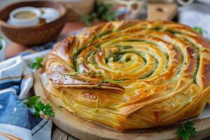 ai generiert Türkisch Tepsi Böregi, runden Borek, Tablett Gebäck foto