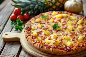 ai generiert gerade gebacken hawaiisch Pizza mit Ananas und Schinken auf hölzern Tafel foto