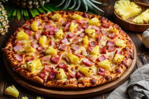 ai generiert gerade gebacken hawaiisch Pizza mit Ananas und Schinken auf hölzern Tafel foto