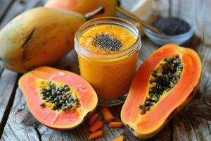 ai generiert Smoothie mit Mango und Papaya, tropisch Cocktail Hintergrund, Raum zum Text foto