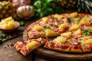 ai generiert gerade gebacken hawaiisch Pizza mit Ananas und Schinken auf hölzern Tafel foto