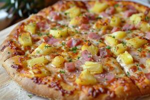 ai generiert gerade gebacken hawaiisch Pizza mit Ananas und Schinken auf hölzern Tafel foto