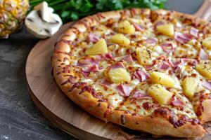 ai generiert gerade gebacken hawaiisch Pizza mit Ananas und Schinken auf hölzern Tafel foto