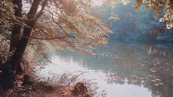 ai generiert ein Fluss umgeben durch Bäume und Blätter foto